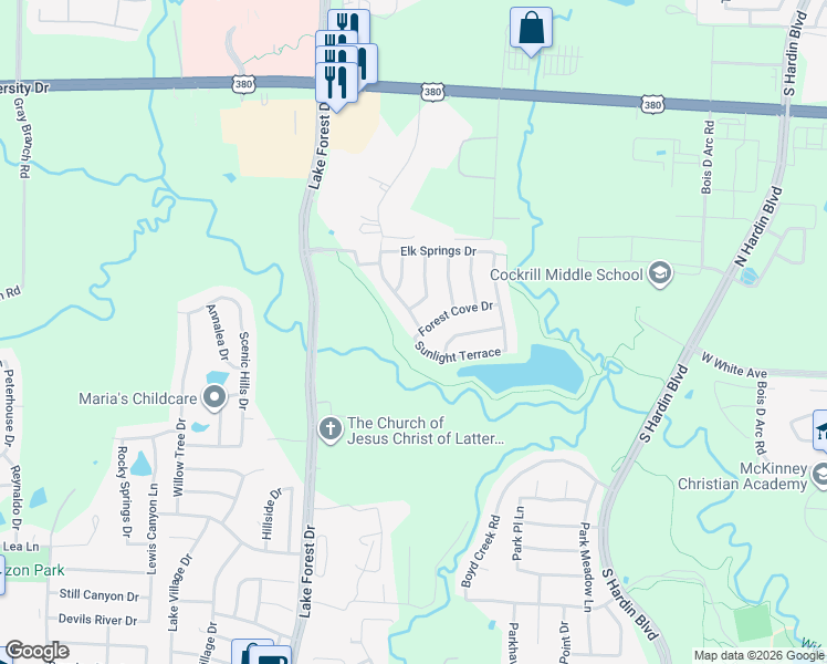map of restaurants, bars, coffee shops, grocery stores, and more near 1305 Meadow Ranch Road in McKinney