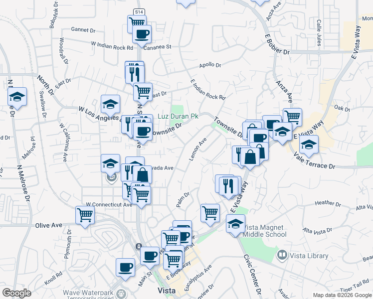 map of restaurants, bars, coffee shops, grocery stores, and more near 764 North Citrus Avenue in Vista