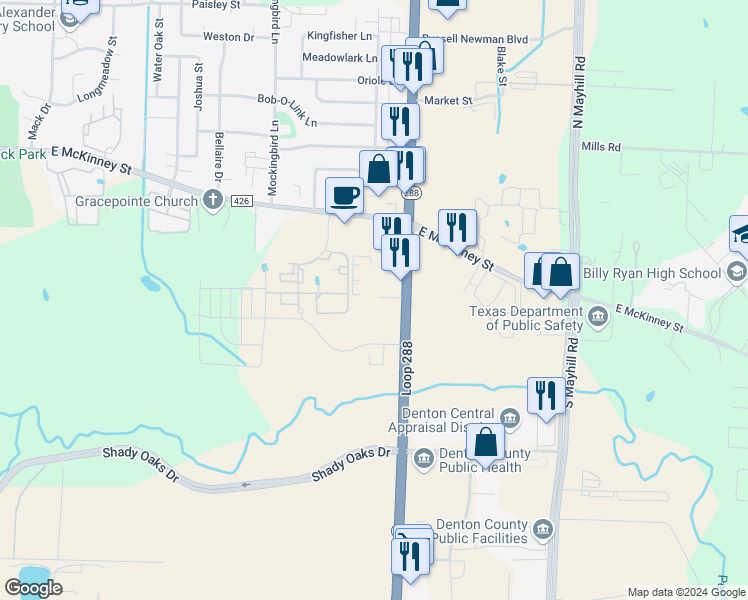 map of restaurants, bars, coffee shops, grocery stores, and more near 104 Highway 288 Loop in Denton