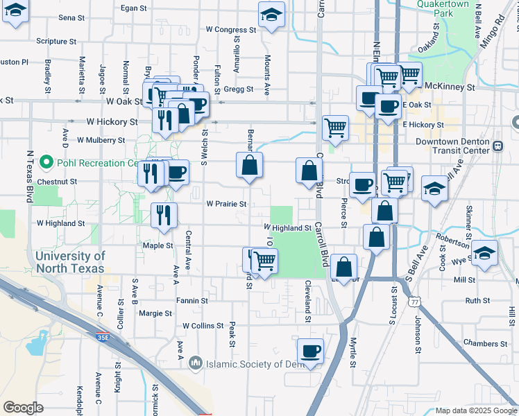 map of restaurants, bars, coffee shops, grocery stores, and more near 510 Bernard Street in Denton