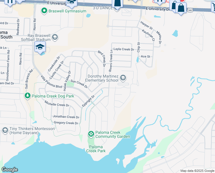 map of restaurants, bars, coffee shops, grocery stores, and more near 1224 Rivers Creek Lane in Little Elm