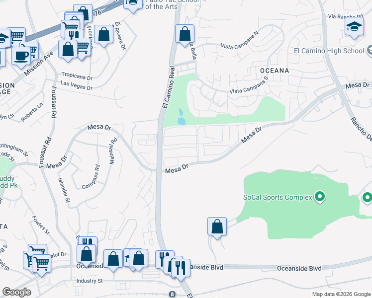 map of restaurants, bars, coffee shops, grocery stores, and more near 3577 Pear Blossom Avenue in Oceanside