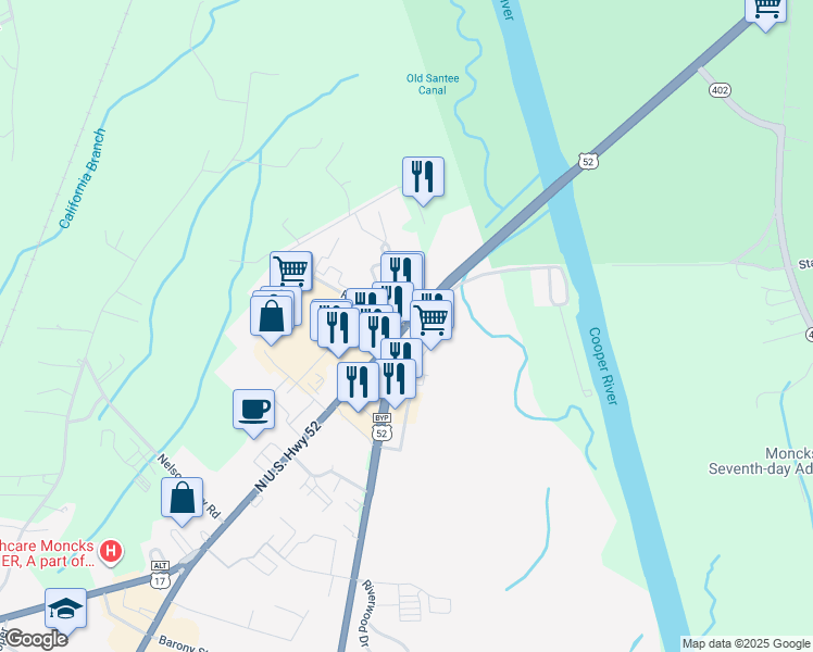 map of restaurants, bars, coffee shops, grocery stores, and more near 608 U.S. 52 in Moncks Corner