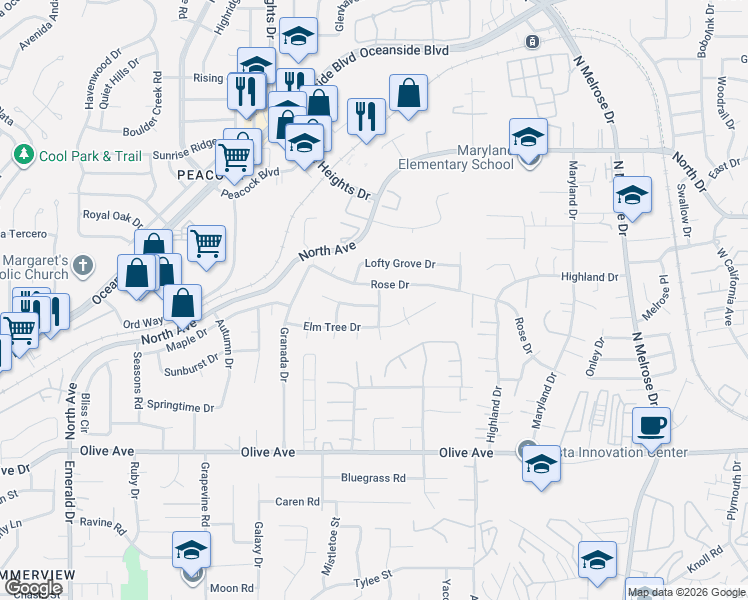 map of restaurants, bars, coffee shops, grocery stores, and more near 4746 Mahogany Drive in Oceanside