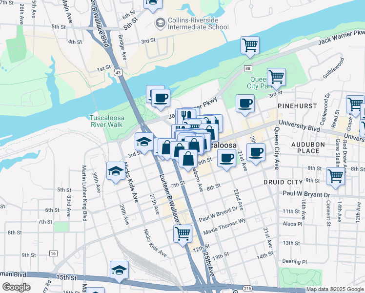 map of restaurants, bars, coffee shops, grocery stores, and more near 406 24th Avenue in Tuscaloosa