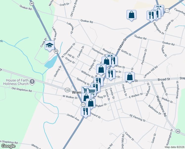 map of restaurants, bars, coffee shops, grocery stores, and more near 301 Northwest Fredrick Street in Wrens