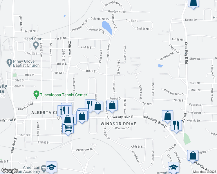 map of restaurants, bars, coffee shops, grocery stores, and more near 509 30th Avenue East in Tuscaloosa