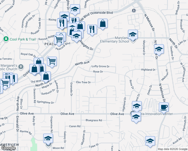 map of restaurants, bars, coffee shops, grocery stores, and more near 4746 Mahogany Drive in Oceanside