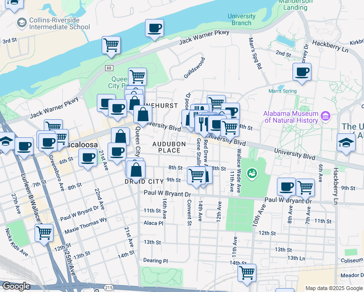 map of restaurants, bars, coffee shops, grocery stores, and more near 1419 6th Street in Tuscaloosa