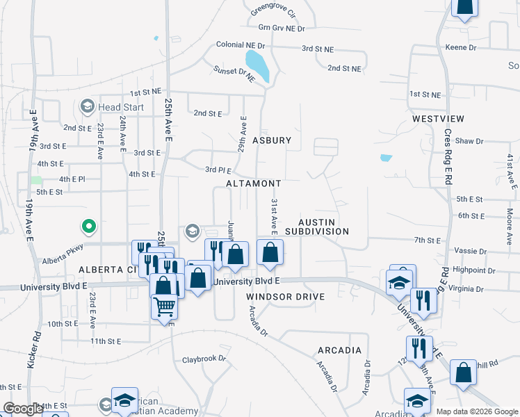 map of restaurants, bars, coffee shops, grocery stores, and more near 520 31st Avenue East in Tuscaloosa