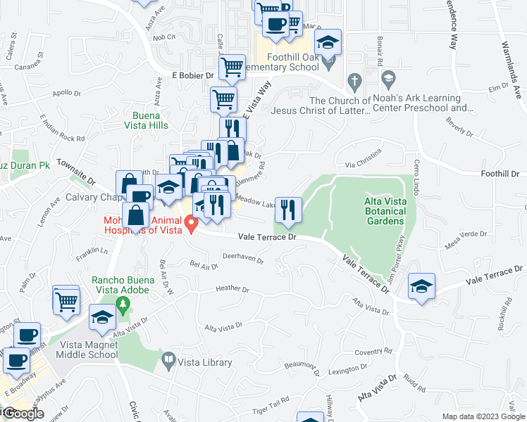 map of restaurants, bars, coffee shops, grocery stores, and more near 1065 Meadowlake Drive in Vista