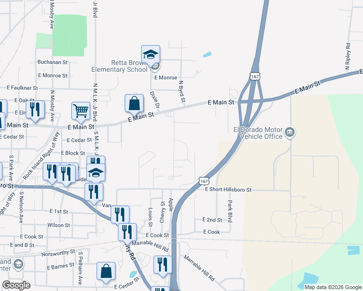 map of restaurants, bars, coffee shops, grocery stores, and more near 163 Hargett Road in El Dorado