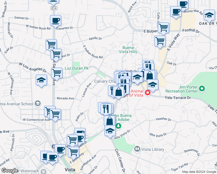 map of restaurants, bars, coffee shops, grocery stores, and more near 616 Truly Terrace in Vista