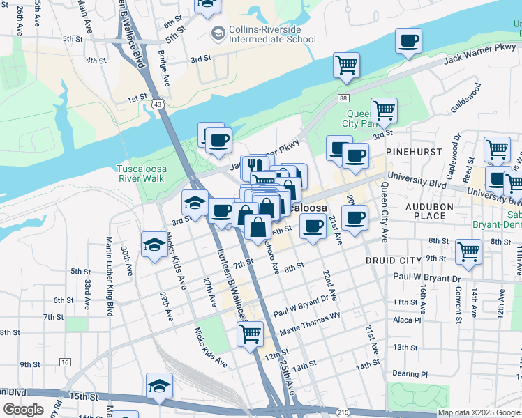 map of restaurants, bars, coffee shops, grocery stores, and more near 2330 University Boulevard in Tuscaloosa