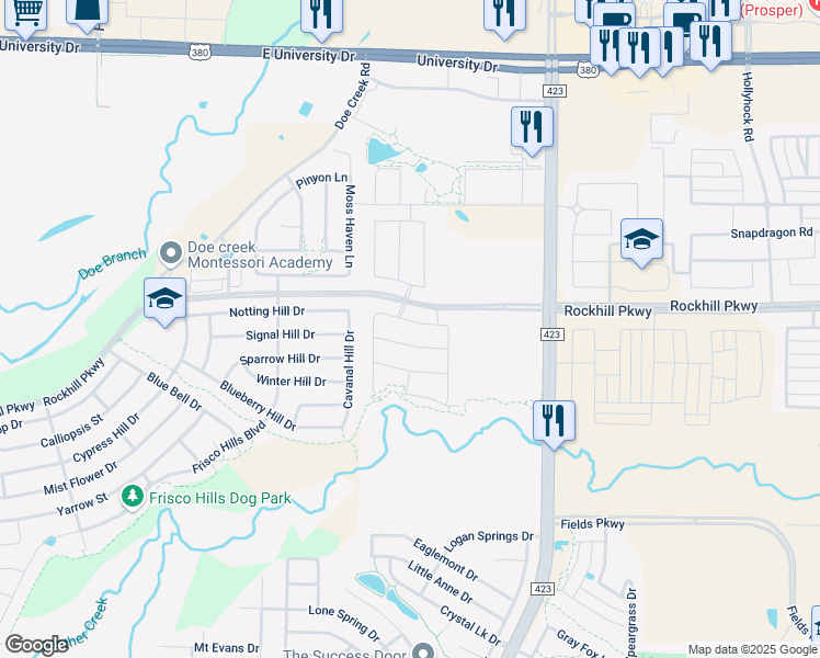map of restaurants, bars, coffee shops, grocery stores, and more near 537 Meandering Lane in Oak Point