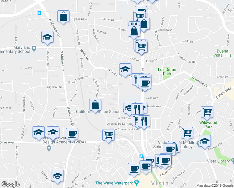 map of restaurants, bars, coffee shops, grocery stores, and more near Plaza De Benito Juarez in Vista