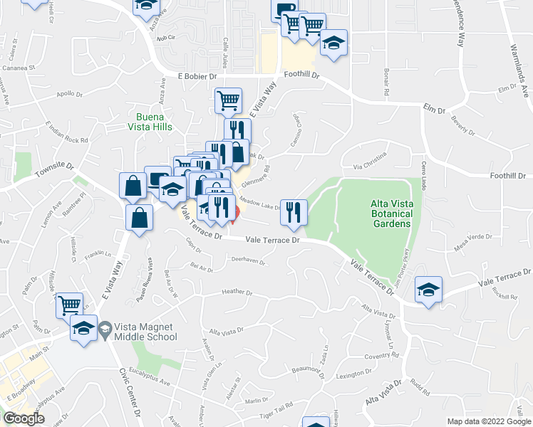 map of restaurants, bars, coffee shops, grocery stores, and more near 1059 Meadowlake Drive in Vista