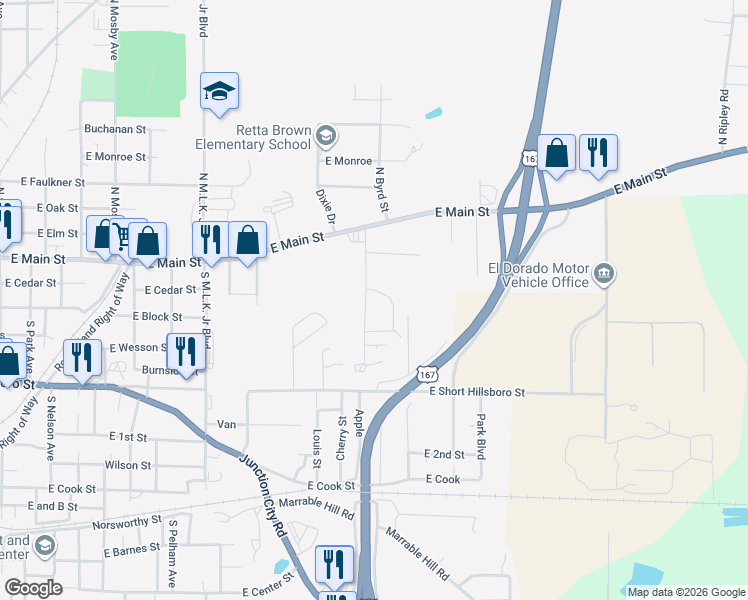 map of restaurants, bars, coffee shops, grocery stores, and more near 500 Hudson Street in El Dorado