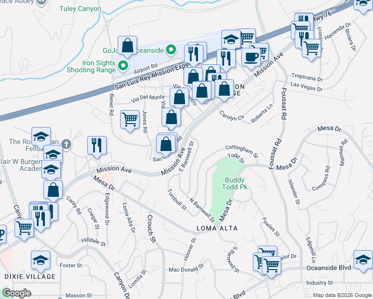 map of restaurants, bars, coffee shops, grocery stores, and more near 2937 East Barnwell Street in Oceanside