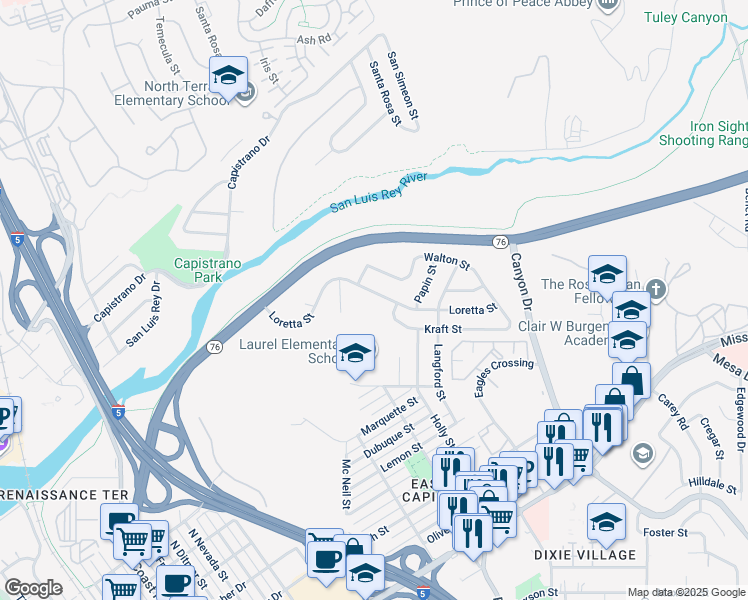 map of restaurants, bars, coffee shops, grocery stores, and more near 1517 Loretta Street in Oceanside