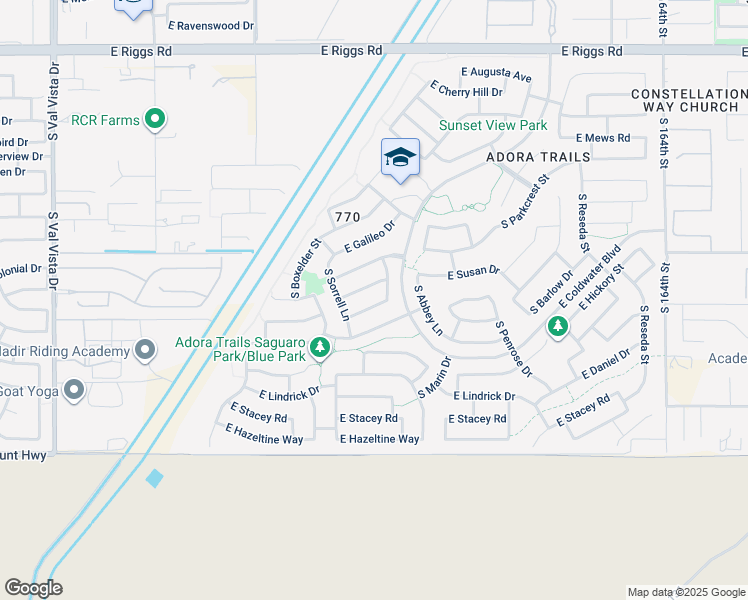 map of restaurants, bars, coffee shops, grocery stores, and more near 2233 East Brigadier Drive in Gilbert
