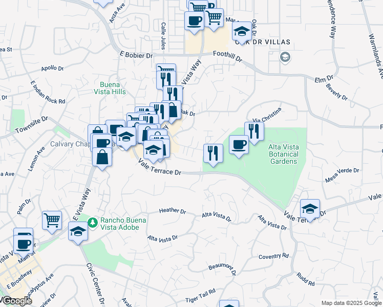 map of restaurants, bars, coffee shops, grocery stores, and more near 1075 Meadow Lake Drive in Vista