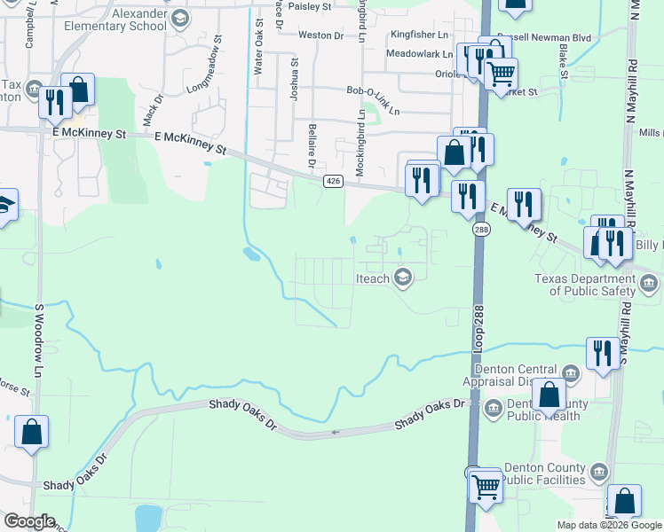 map of restaurants, bars, coffee shops, grocery stores, and more near 314 Wrangler Lane in Denton