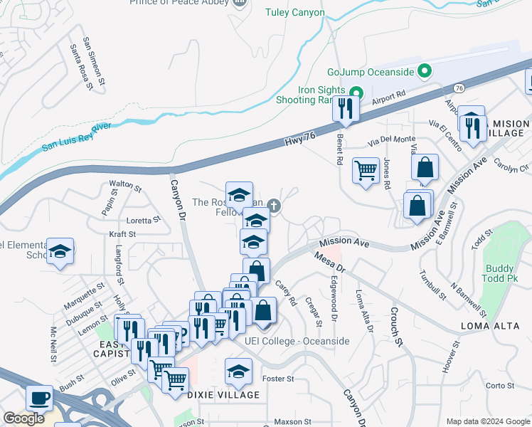 map of restaurants, bars, coffee shops, grocery stores, and more near 813 North Carey Road in Oceanside