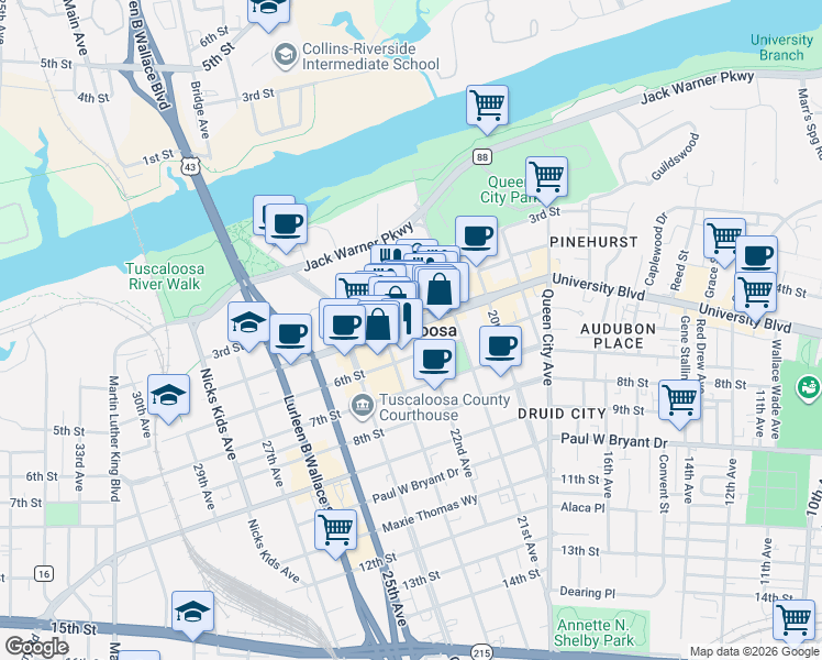map of restaurants, bars, coffee shops, grocery stores, and more near in Tuscaloosa