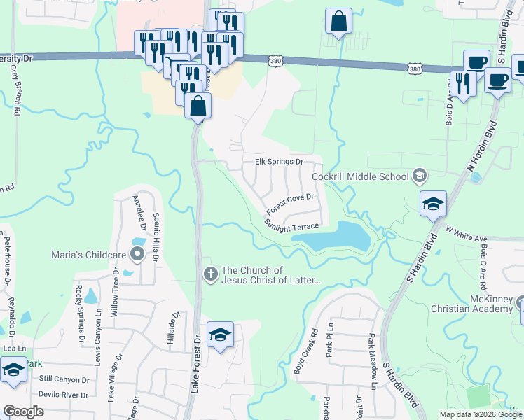 map of restaurants, bars, coffee shops, grocery stores, and more near 1305 Meadow Ranch Road in McKinney