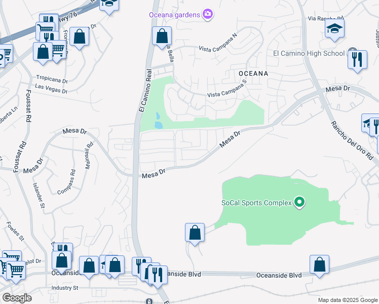map of restaurants, bars, coffee shops, grocery stores, and more near 3631 Brandywine Street in Oceanside