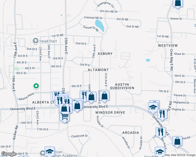 map of restaurants, bars, coffee shops, grocery stores, and more near 570 30th Avenue East in Tuscaloosa