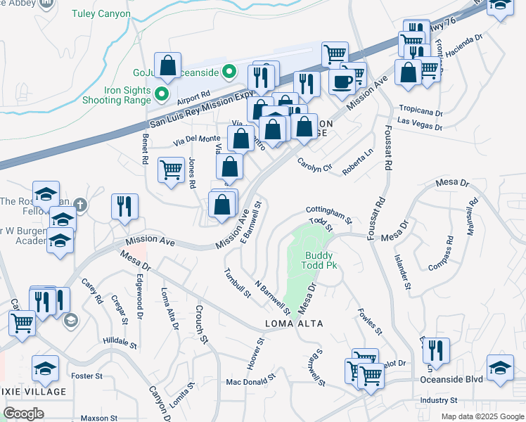 map of restaurants, bars, coffee shops, grocery stores, and more near 2959 Butler Street in Oceanside