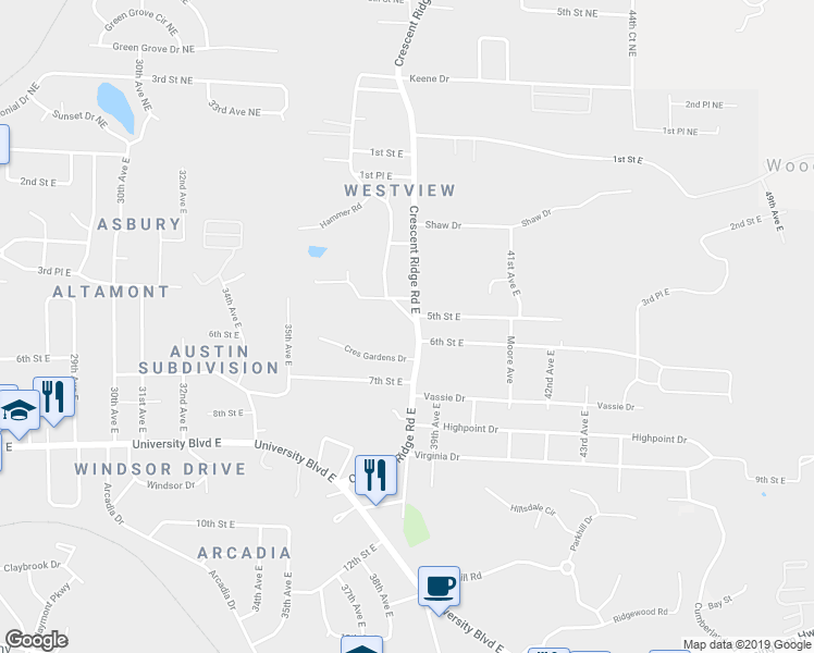 map of restaurants, bars, coffee shops, grocery stores, and more near 558 Crescent Lane in Tuscaloosa