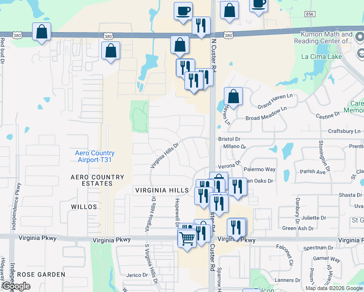 map of restaurants, bars, coffee shops, grocery stores, and more near 909 Charlotte Drive in McKinney