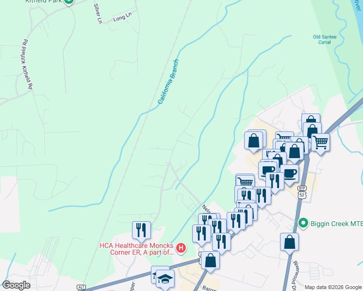 map of restaurants, bars, coffee shops, grocery stores, and more near 252 Mitton Road in Moncks Corner
