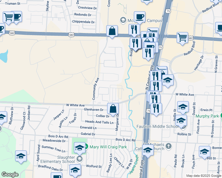 map of restaurants, bars, coffee shops, grocery stores, and more near 1321 Pebblebrook Drive in McKinney