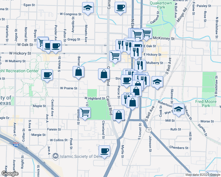 map of restaurants, bars, coffee shops, grocery stores, and more near 515 South Carroll Boulevard in Denton