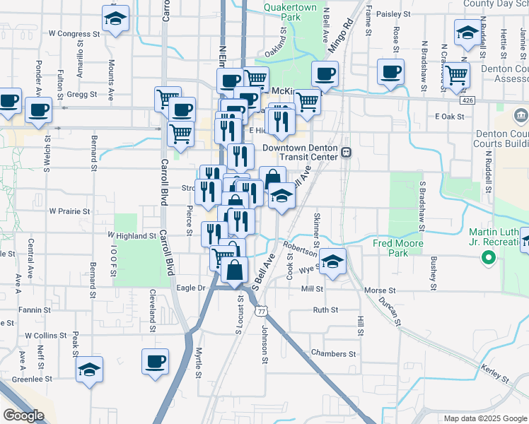 map of restaurants, bars, coffee shops, grocery stores, and more near in Denton