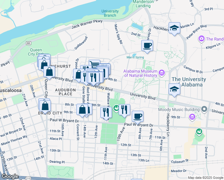map of restaurants, bars, coffee shops, grocery stores, and more near 971 University Boulevard in Tuscaloosa
