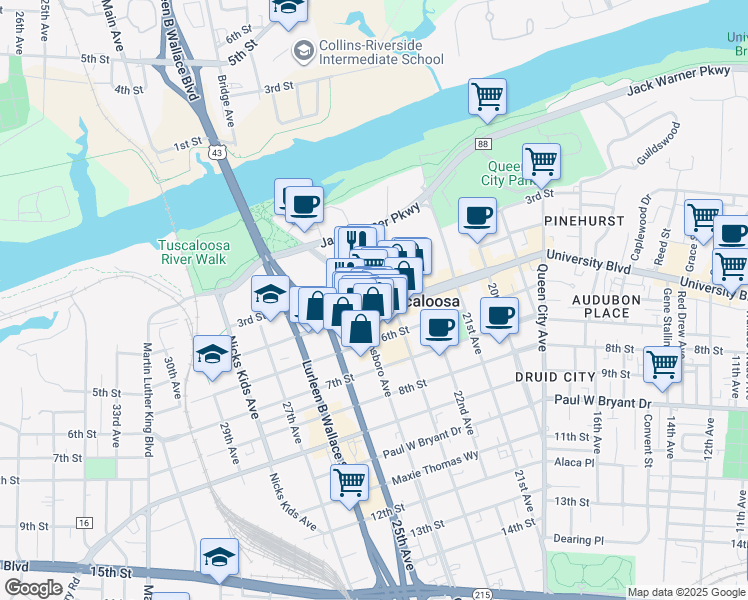 map of restaurants, bars, coffee shops, grocery stores, and more near 2316 University Boulevard in Tuscaloosa