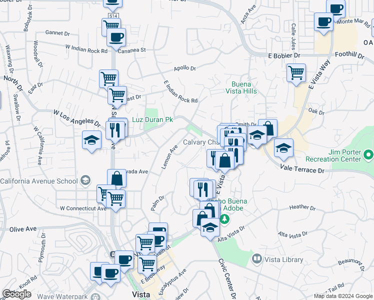 map of restaurants, bars, coffee shops, grocery stores, and more near 847 Raintree Place in Vista