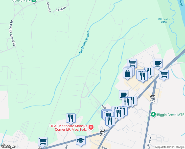 map of restaurants, bars, coffee shops, grocery stores, and more near 215 Testament Lane in Moncks Corner