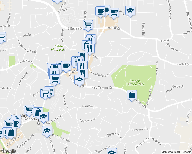map of restaurants, bars, coffee shops, grocery stores, and more near 1010 Clearbrook Lane in Vista