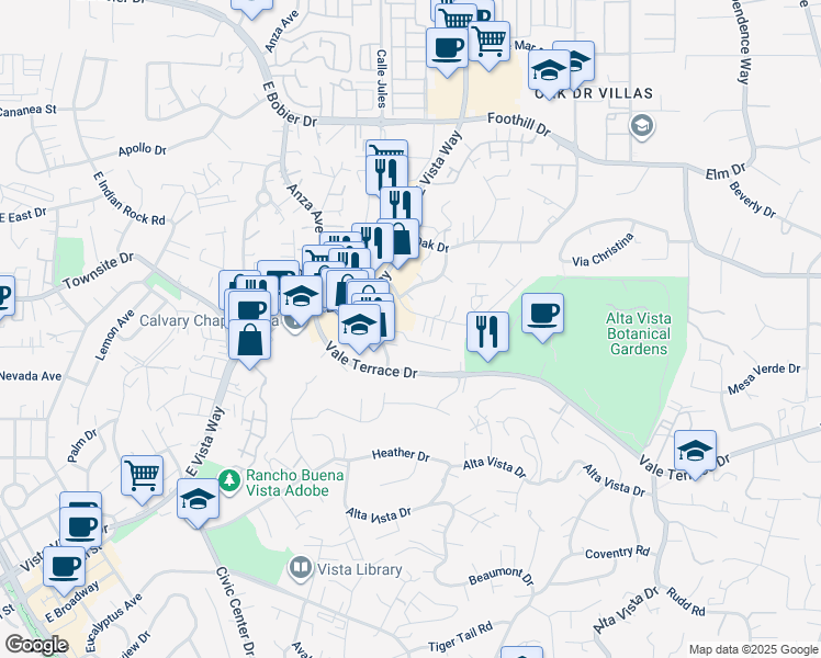 map of restaurants, bars, coffee shops, grocery stores, and more near 1010 Clearbrook Lane in Vista