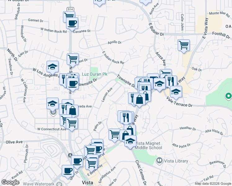 map of restaurants, bars, coffee shops, grocery stores, and more near 839 Raintree Place in Vista
