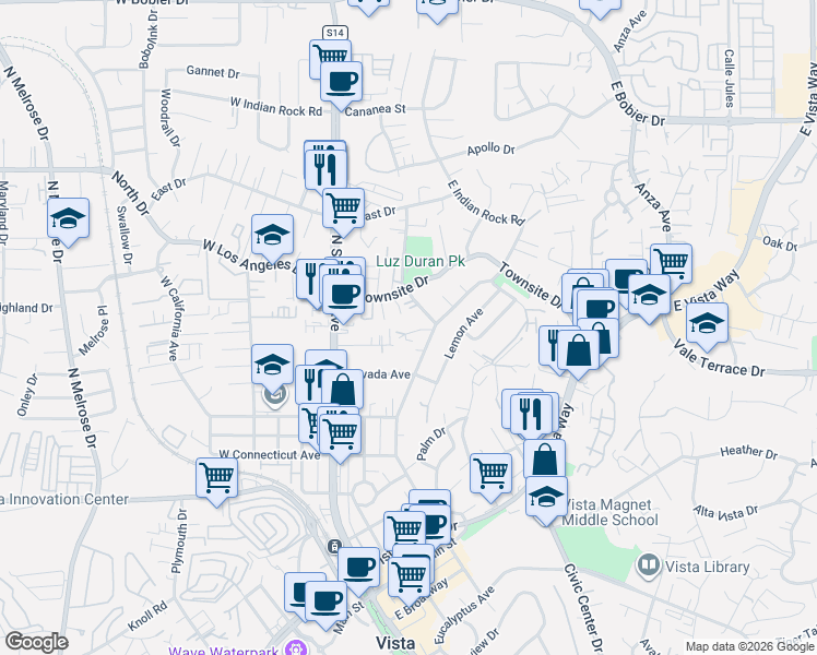 map of restaurants, bars, coffee shops, grocery stores, and more near 764 North Citrus Avenue in Vista