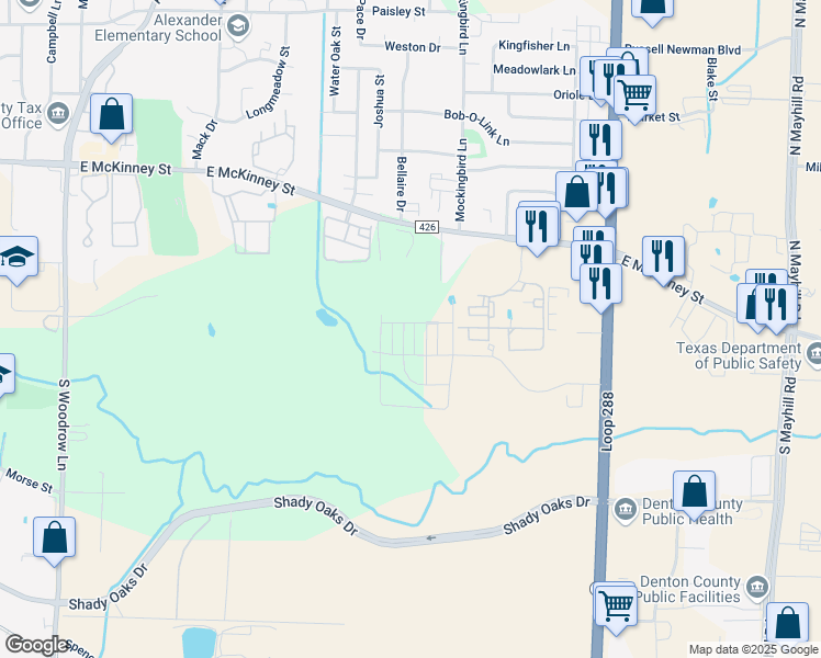 map of restaurants, bars, coffee shops, grocery stores, and more near 314 Wrangler Lane in Denton