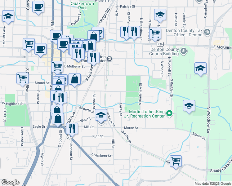map of restaurants, bars, coffee shops, grocery stores, and more near 513 Avenue South in Denton