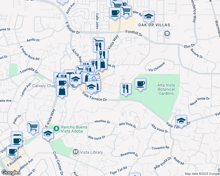 map of restaurants, bars, coffee shops, grocery stores, and more near 1037-43 Meadow Lake Drive in Vista